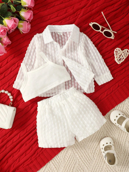 Baby Girl Solid Cami Top & Shorts & Button Up Shirt White