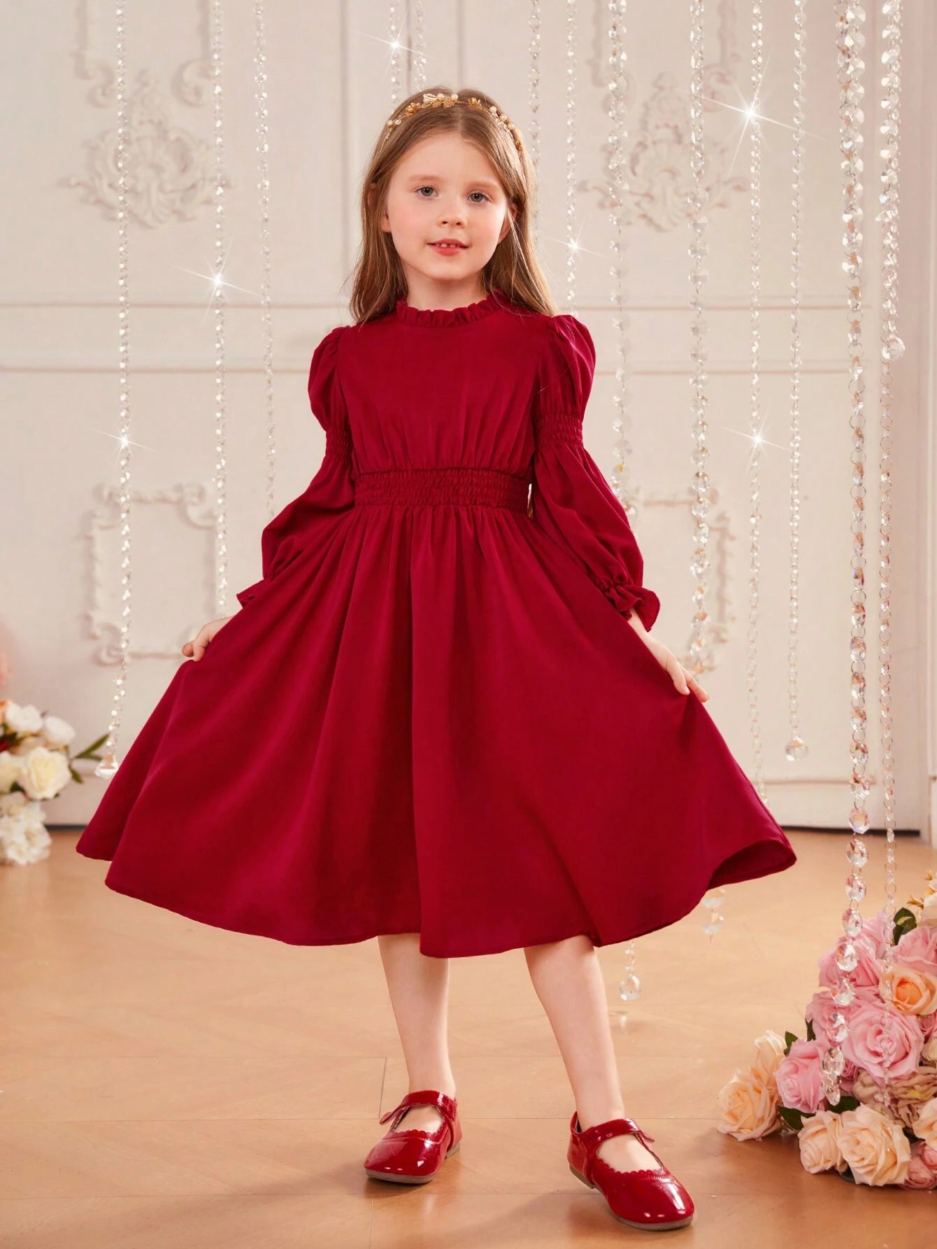 Young Girl 1pc Frill Trim Gather Sleeve Dress