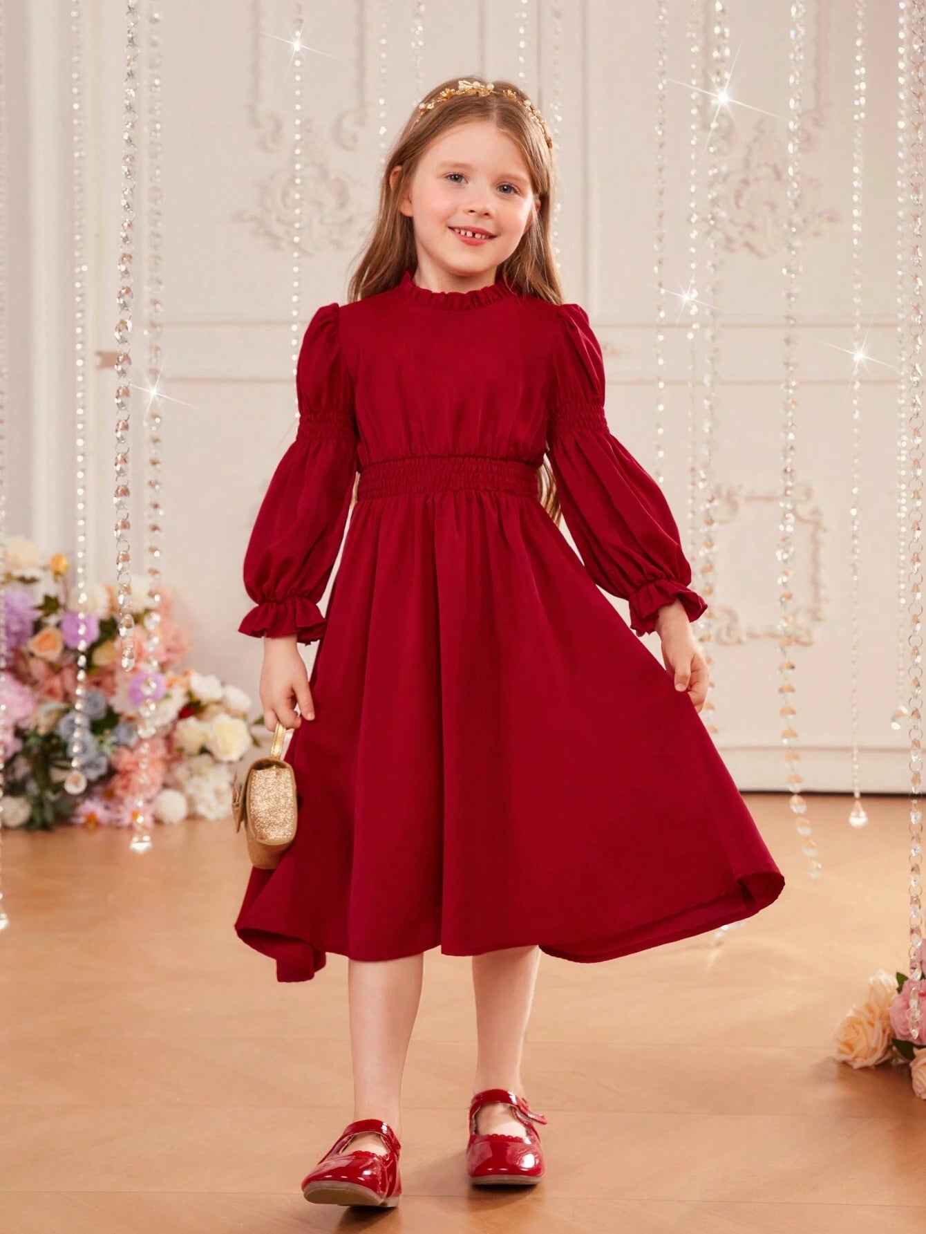 Young Girl 1pc Frill Trim Gather Sleeve Dress Burgundy