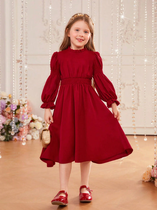 Young Girl 1pc Frill Trim Gather Sleeve Dress Burgundy