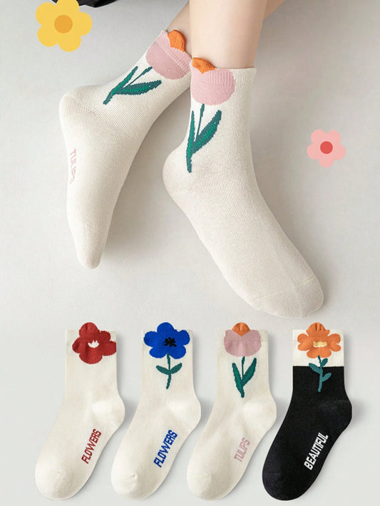4pairs/Pack Girls' Spring Autumn All Seasons Solid Color Floral Sweet Style Mid-Calf Socks Multicolor