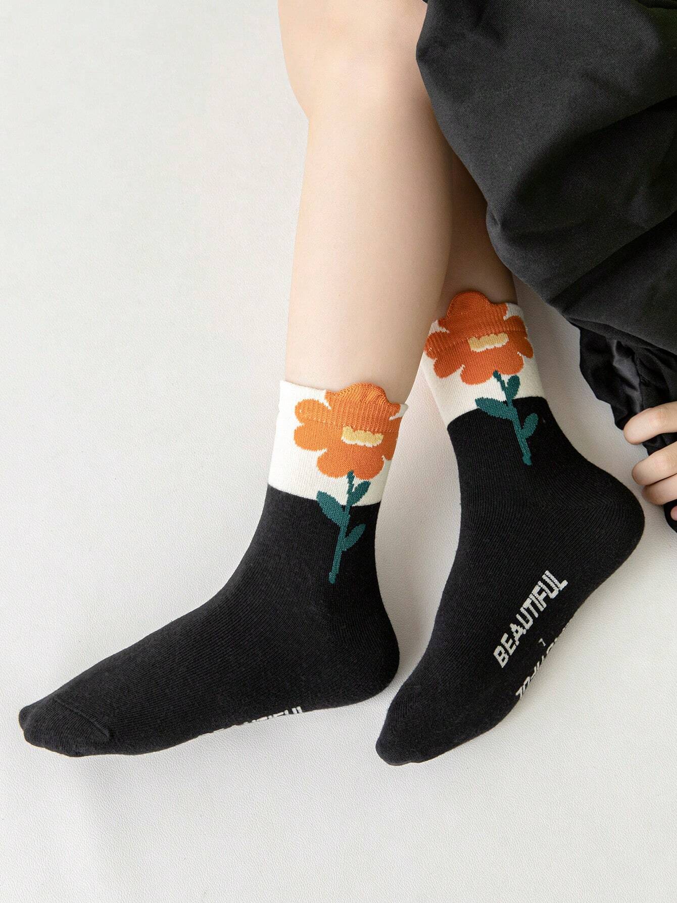 4pairs/Pack Girls' Spring Autumn All Seasons Solid Color Floral Sweet Style Mid-Calf Socks