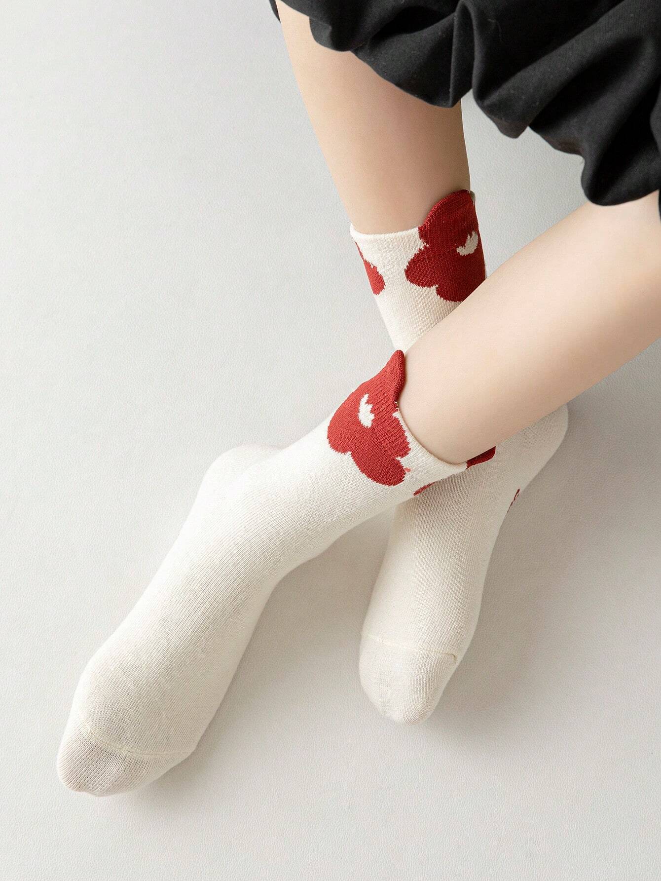 4pairs/Pack Girls' Spring Autumn All Seasons Solid Color Floral Sweet Style Mid-Calf Socks