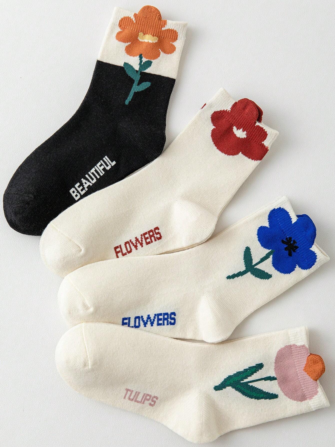 4pairs/Pack Girls' Spring Autumn All Seasons Solid Color Floral Sweet Style Mid-Calf Socks