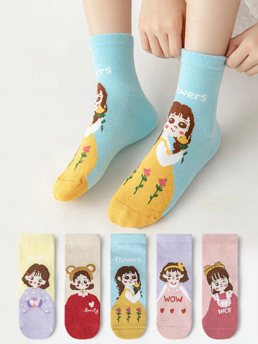 5pairs/Pack Unisex Kids Sweet Princess Style Mid-Calf Socks Multicolor