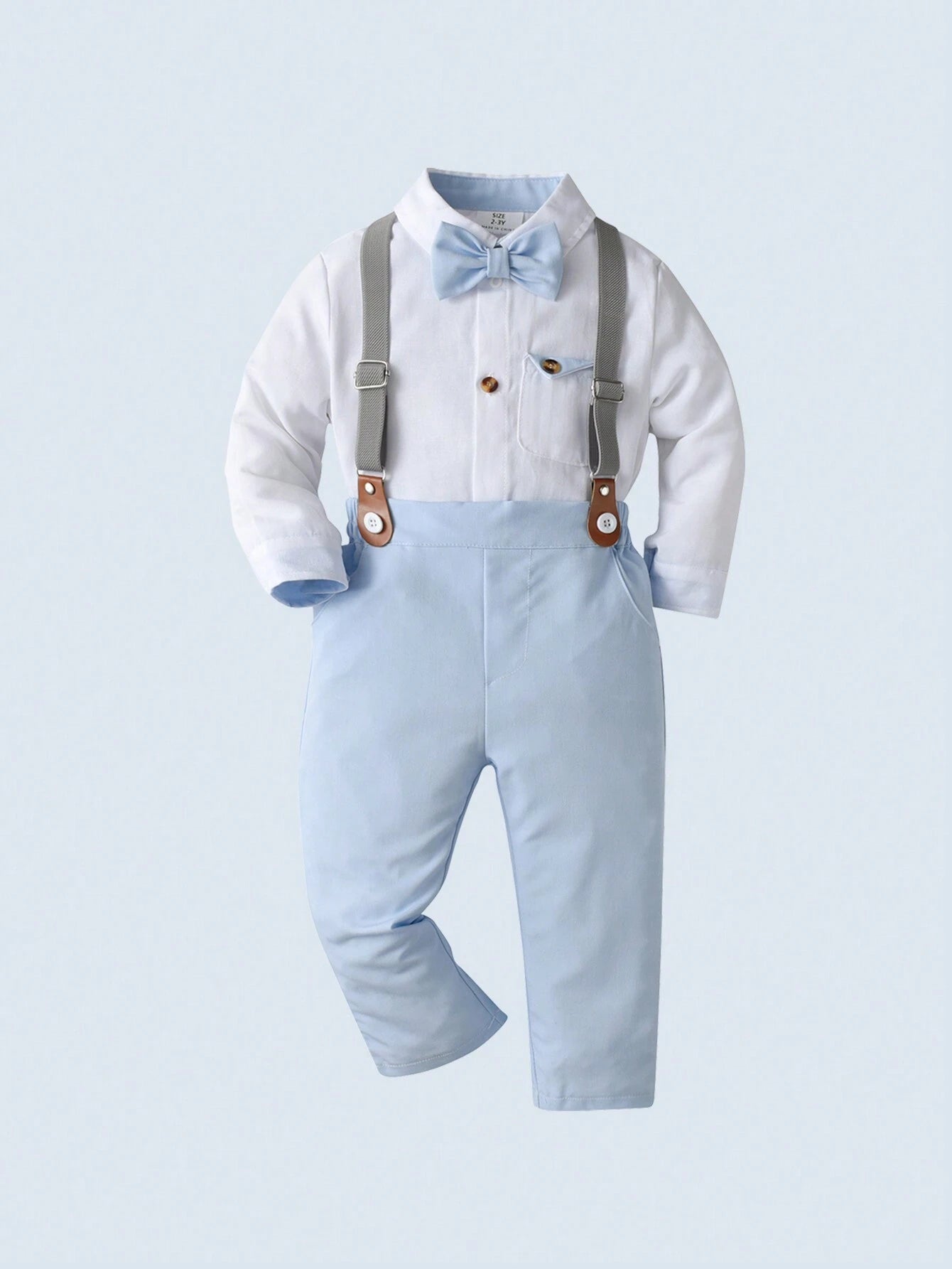 2pcs Baby Boys' Gentlemen Style Outfit With White Long Sleeve Shirt And Short Overalls With Bow Tie Detail