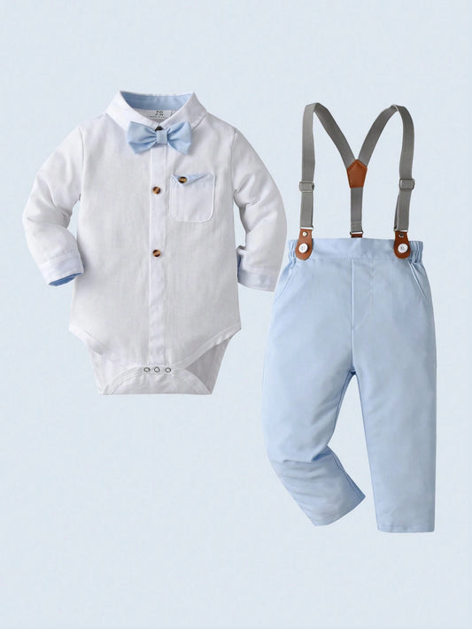 2pcs Baby Boys' Gentlemen Style Outfit With White Long Sleeve Shirt And Short Overalls With Bow Tie Detail White