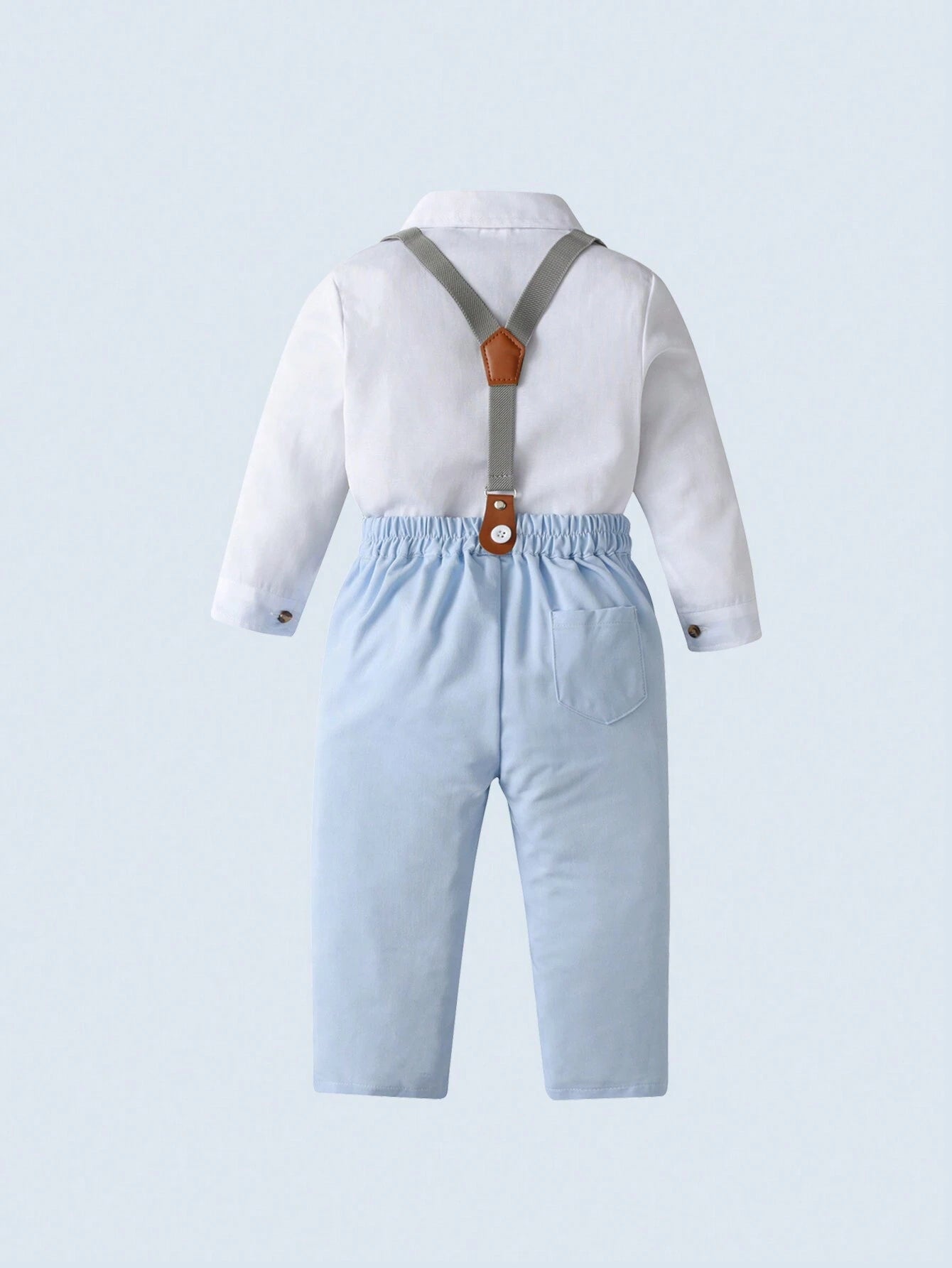 2pcs Baby Boys' Gentlemen Style Outfit With White Long Sleeve Shirt And Short Overalls With Bow Tie Detail