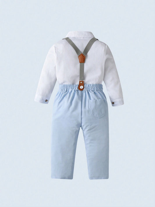 2pcs Baby Boys' Gentlemen Style Outfit With White Long Sleeve Shirt And Short Overalls With Bow Tie Detail