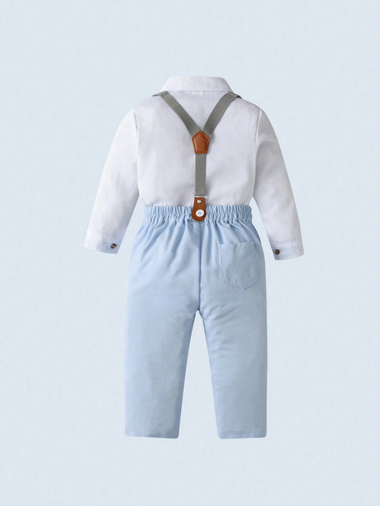 Baby Boys' Gentlemen Style Outfit With White Long Sleeve Shirt And Short Overalls With Bow Tie Detail
