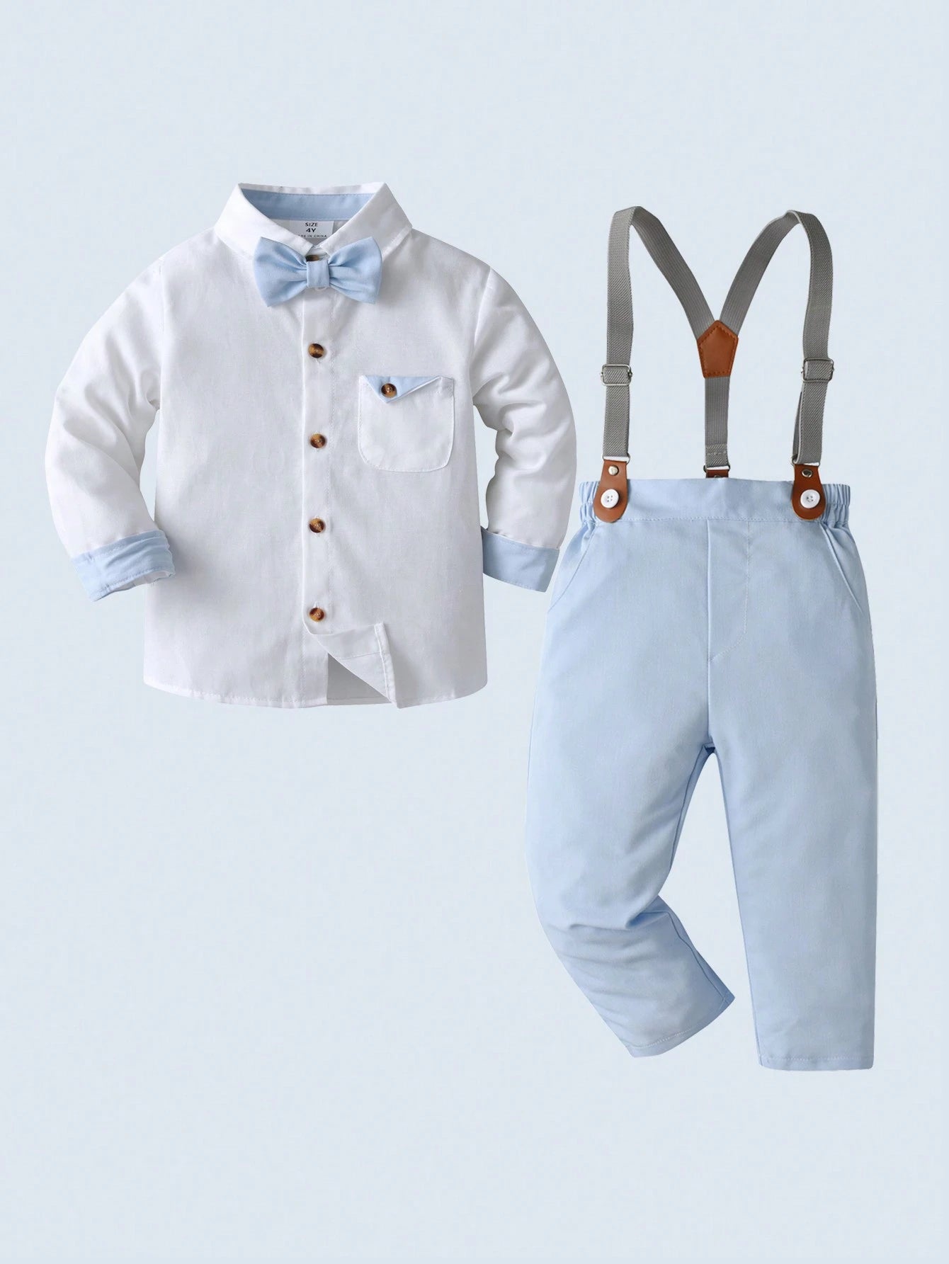 Baby Boys' Gentlemen Style Outfit With White Long Sleeve Shirt And Short Overalls With Bow Tie Detail