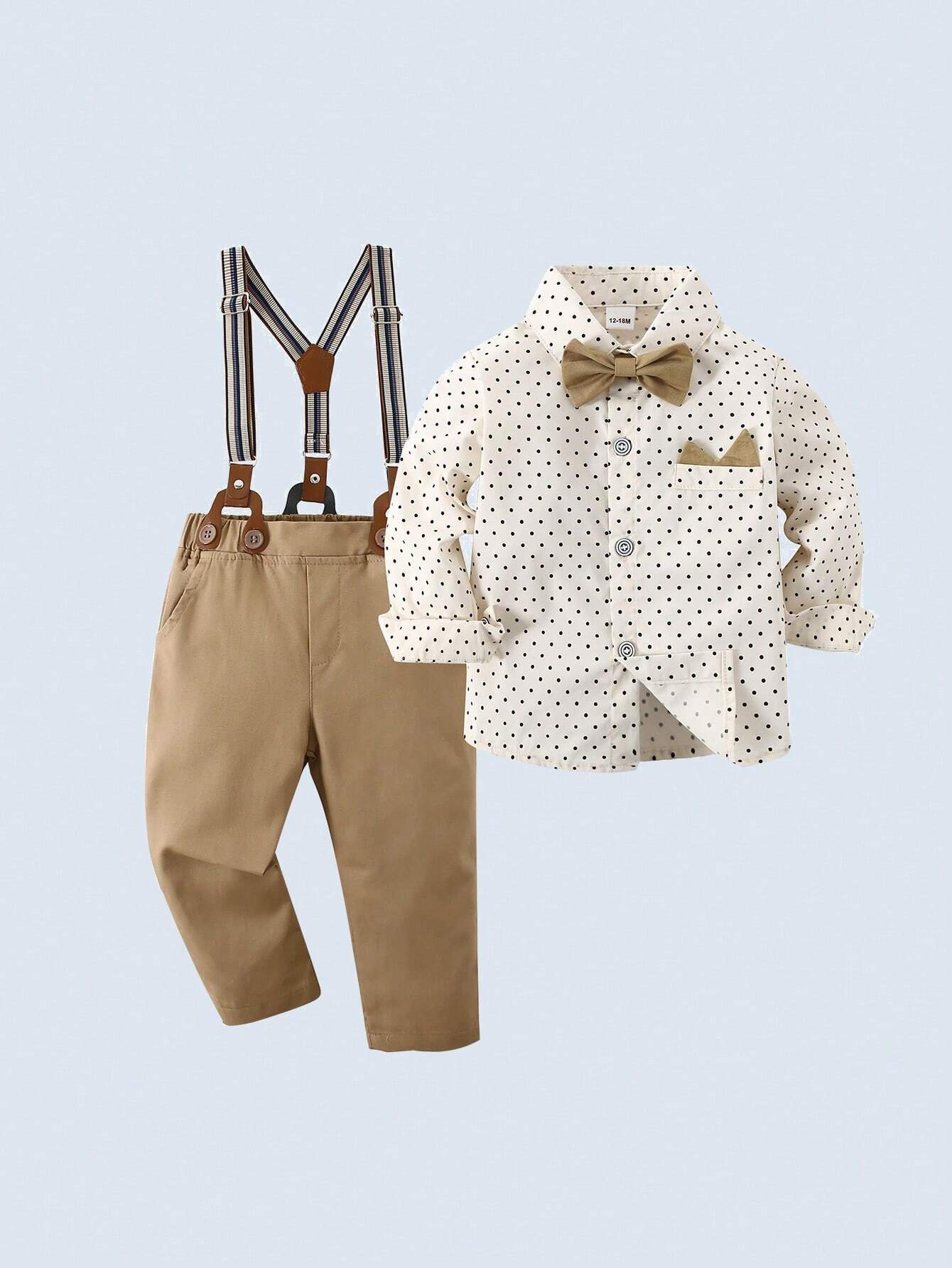 2pcs Baby Boys' Gentleman Suit With Long Sleeve Shirt Featuring Turn-down Collar & Bow Tie And Long Pants Apricot
