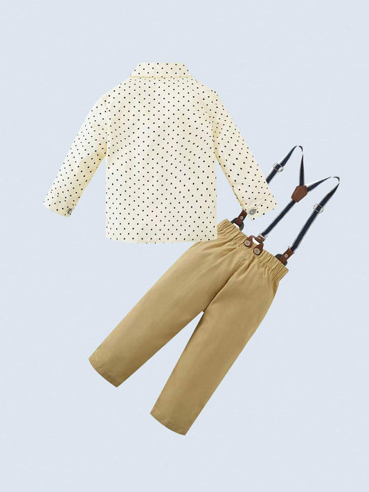 2pcs Baby Boys' Gentleman Suit With Long Sleeve Shirt Featuring Turn-down Collar & Bow Tie And Long Pants
