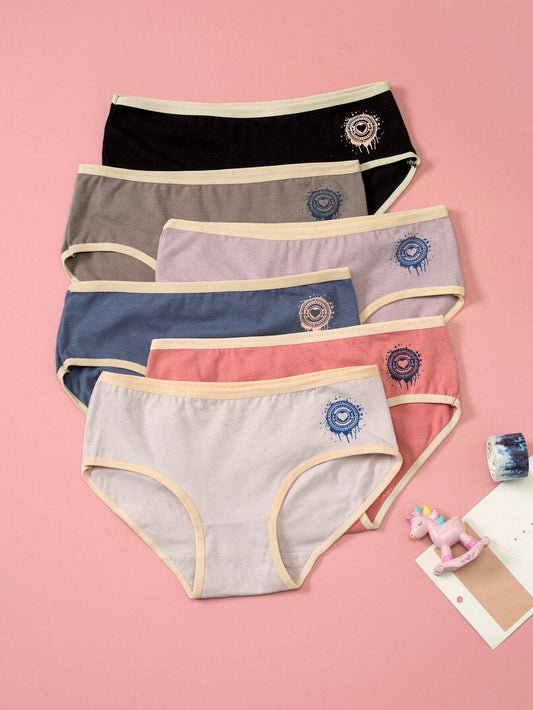Tween Girl 6pcs Cartoon Graphic Contrast Binding Brief Multicolor