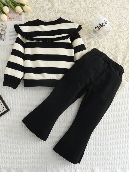 Young Girls' Casual Striped Top With Oversized Collar And Solid Color Flared Pants