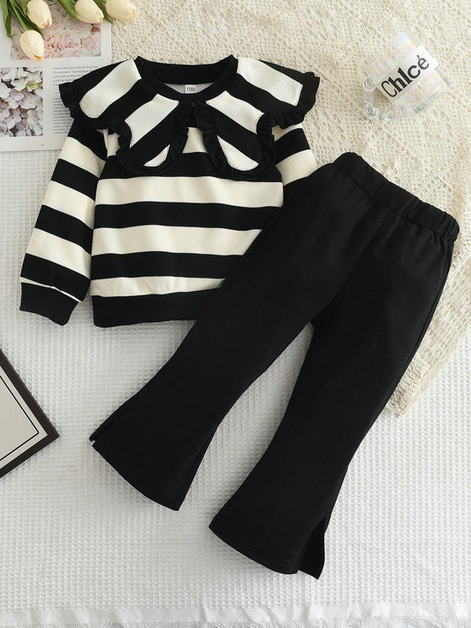 2pcs/set Young Girls' Casual Striped Top With Oversized Collar And Solid Color Flared Pants Black