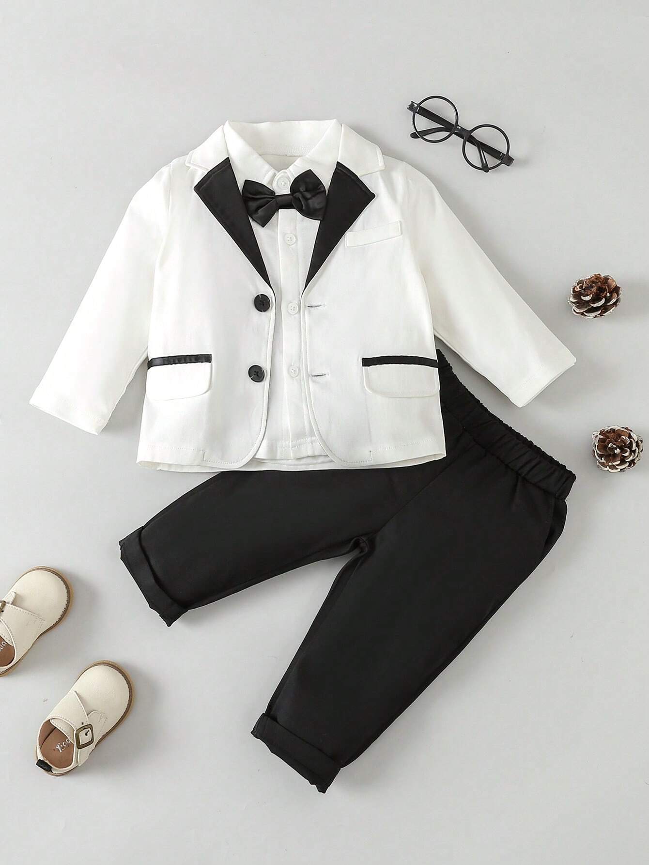 Glamorique Kids Baby Boy Contrast Collar Bow Front Blazer & Pants & Shirt White