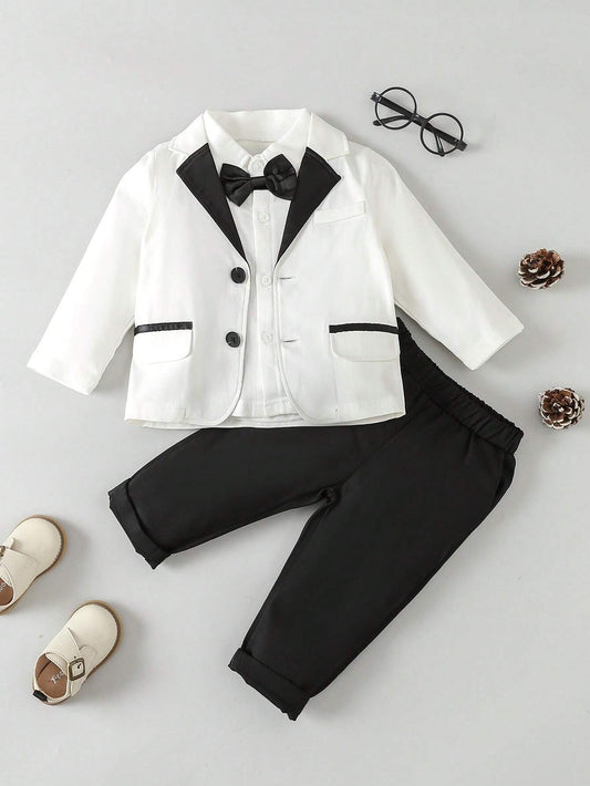 Glamorique Kids Baby Boy Contrast Collar Bow Front Blazer & Pants & Shirt White