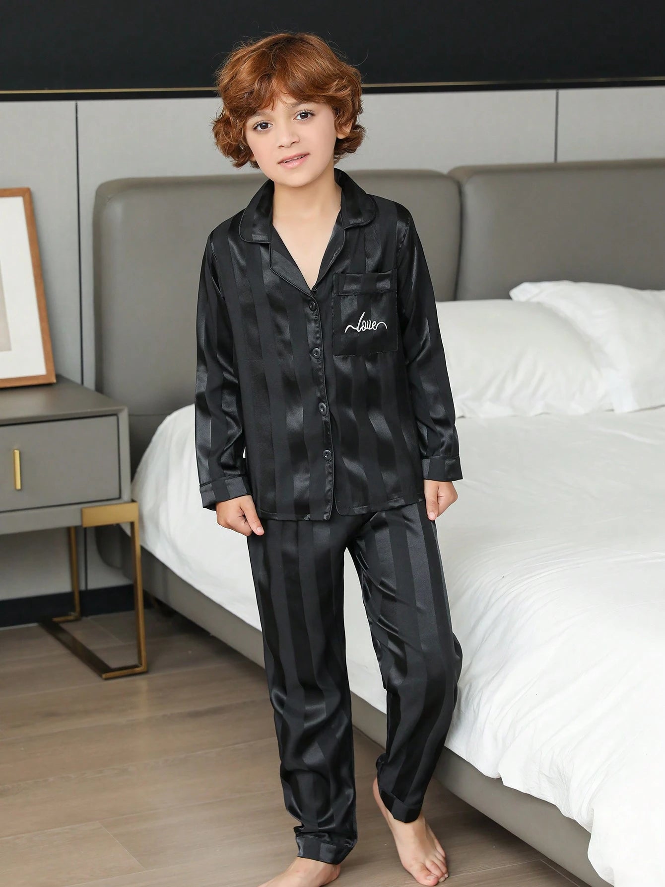 Tween Boy Satin Pajama Set Black