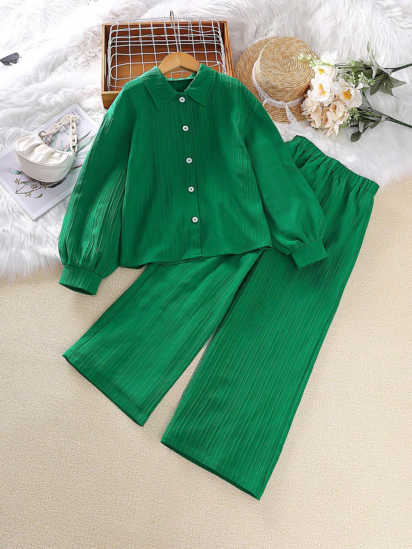Tween Girl 2-Piece Set New Autumn Turn-Down Collar Long Sleeve Shirt And Long Pants Green