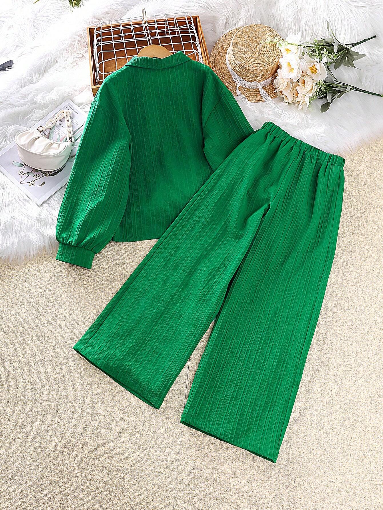 Tween Girl 2-Piece Set New Autumn Turn-Down Collar Long Sleeve Shirt And Long Pants
