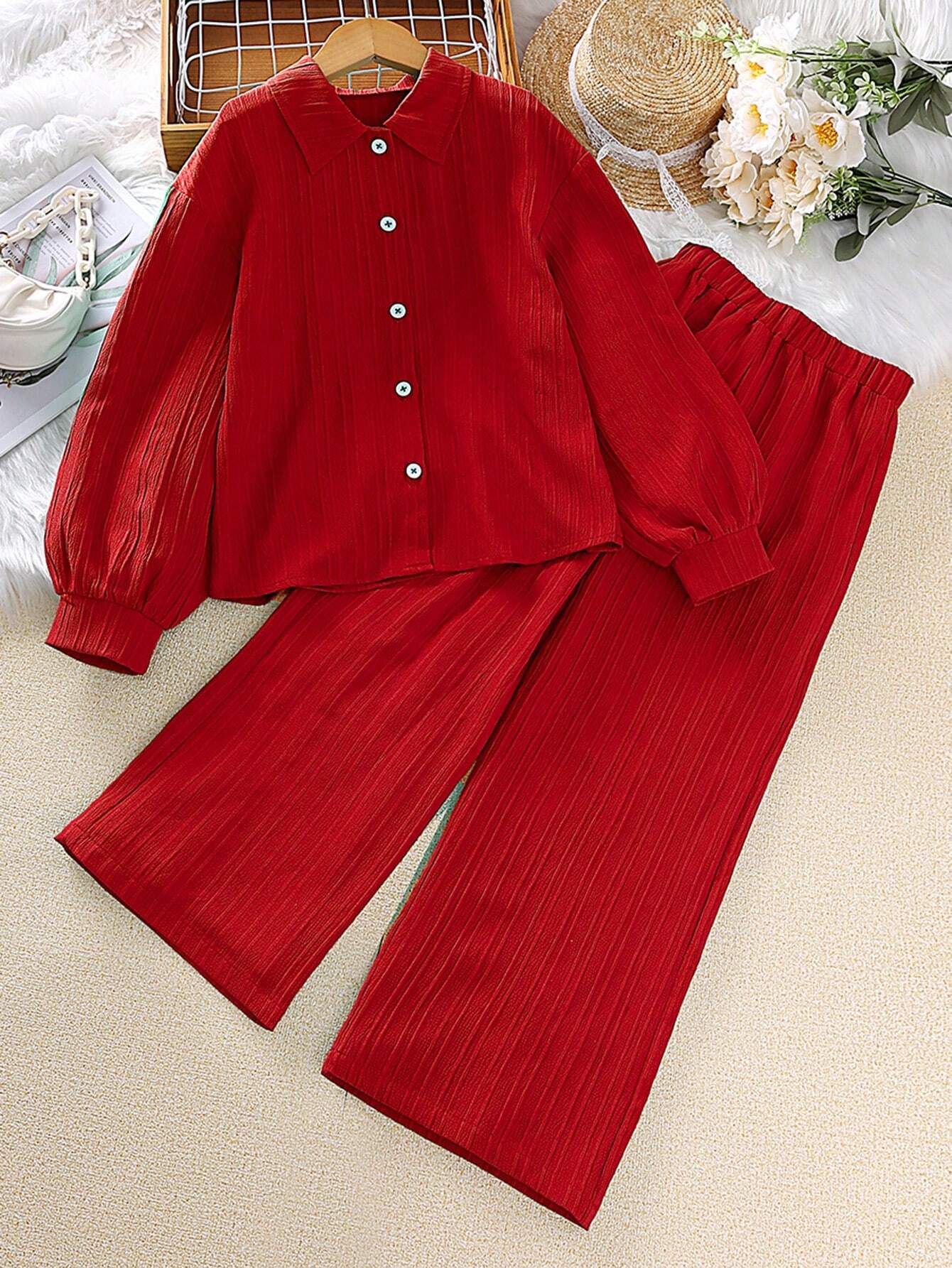 Tween Girl 2-Piece Set New Autumn Turn-Down Collar Long Sleeve Shirt And Long Pants Red