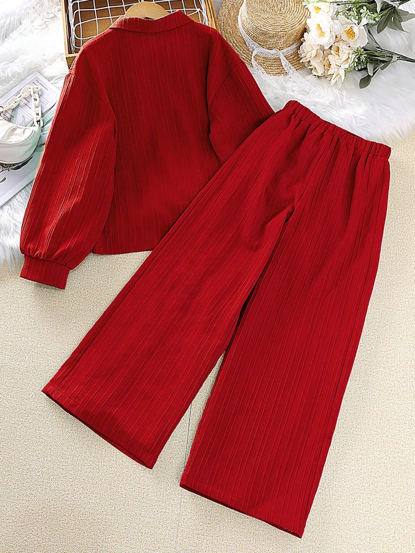 Tween Girl 2-Piece Set New Autumn Turn-Down Collar Long Sleeve Shirt And Long Pants
