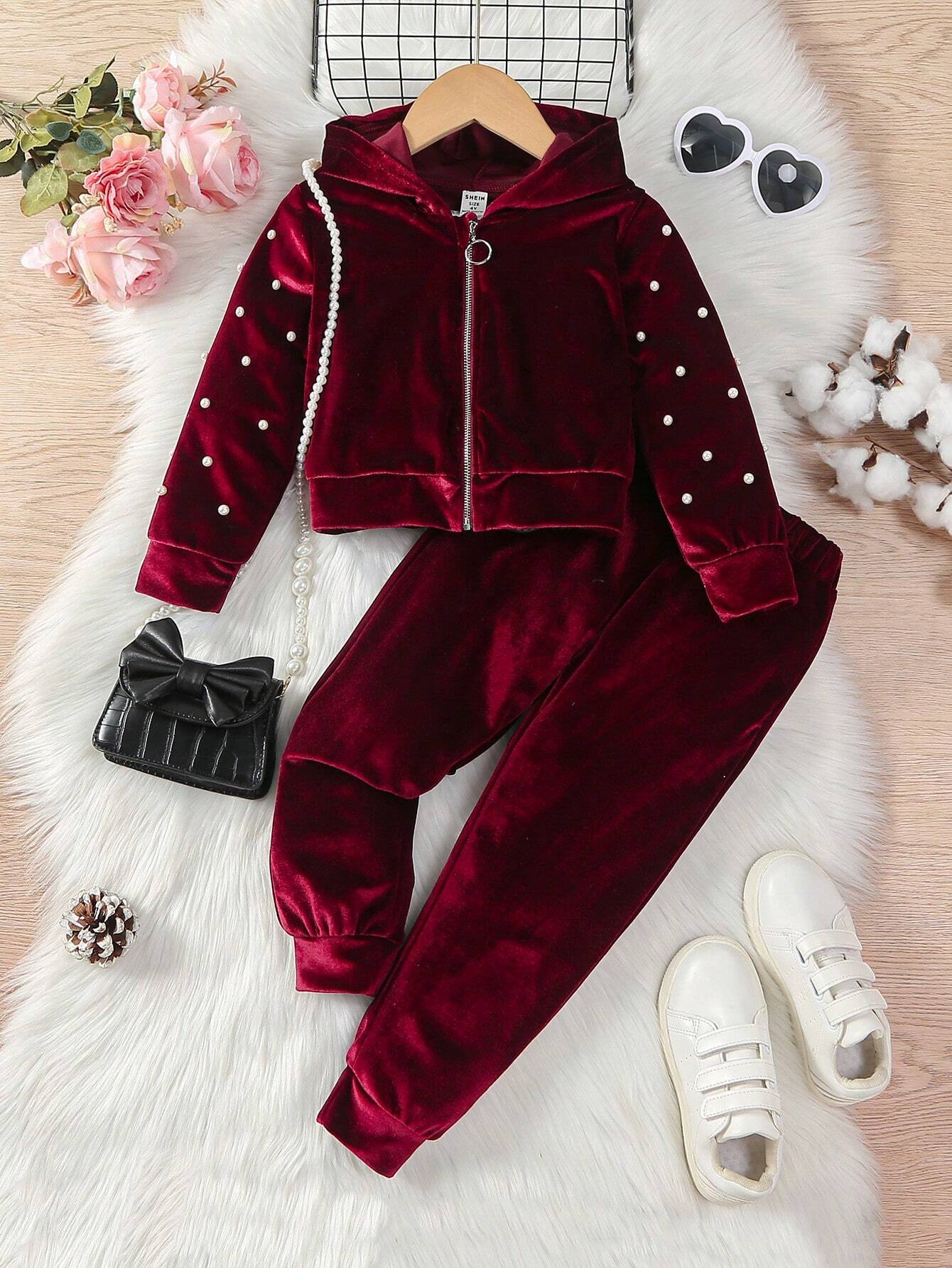 Young Girl Pearls Beaded Zip Up Hooded Jacket & Sweatpants Burgundy 4Y