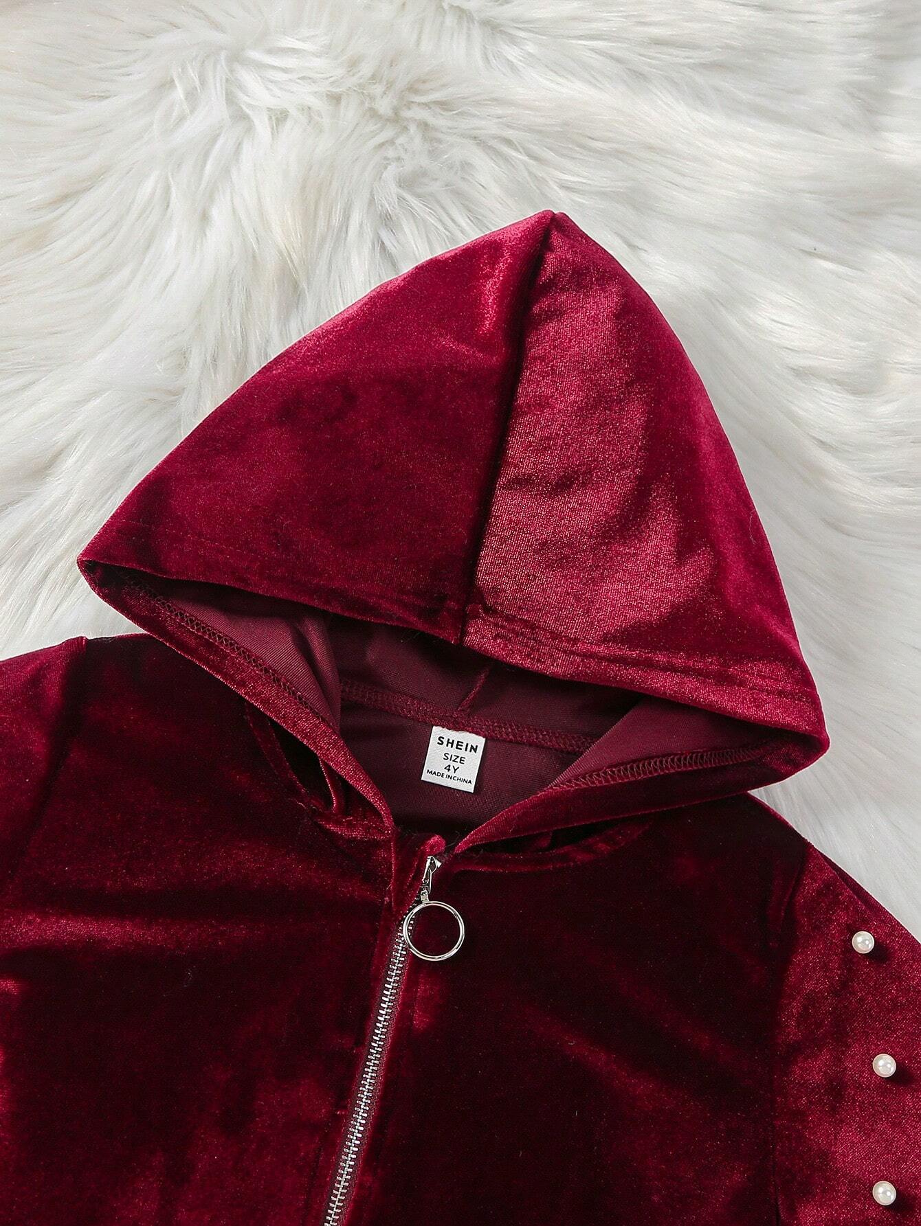 Young Girl Pearls Beaded Zip Up Hooded Jacket & Sweatpants