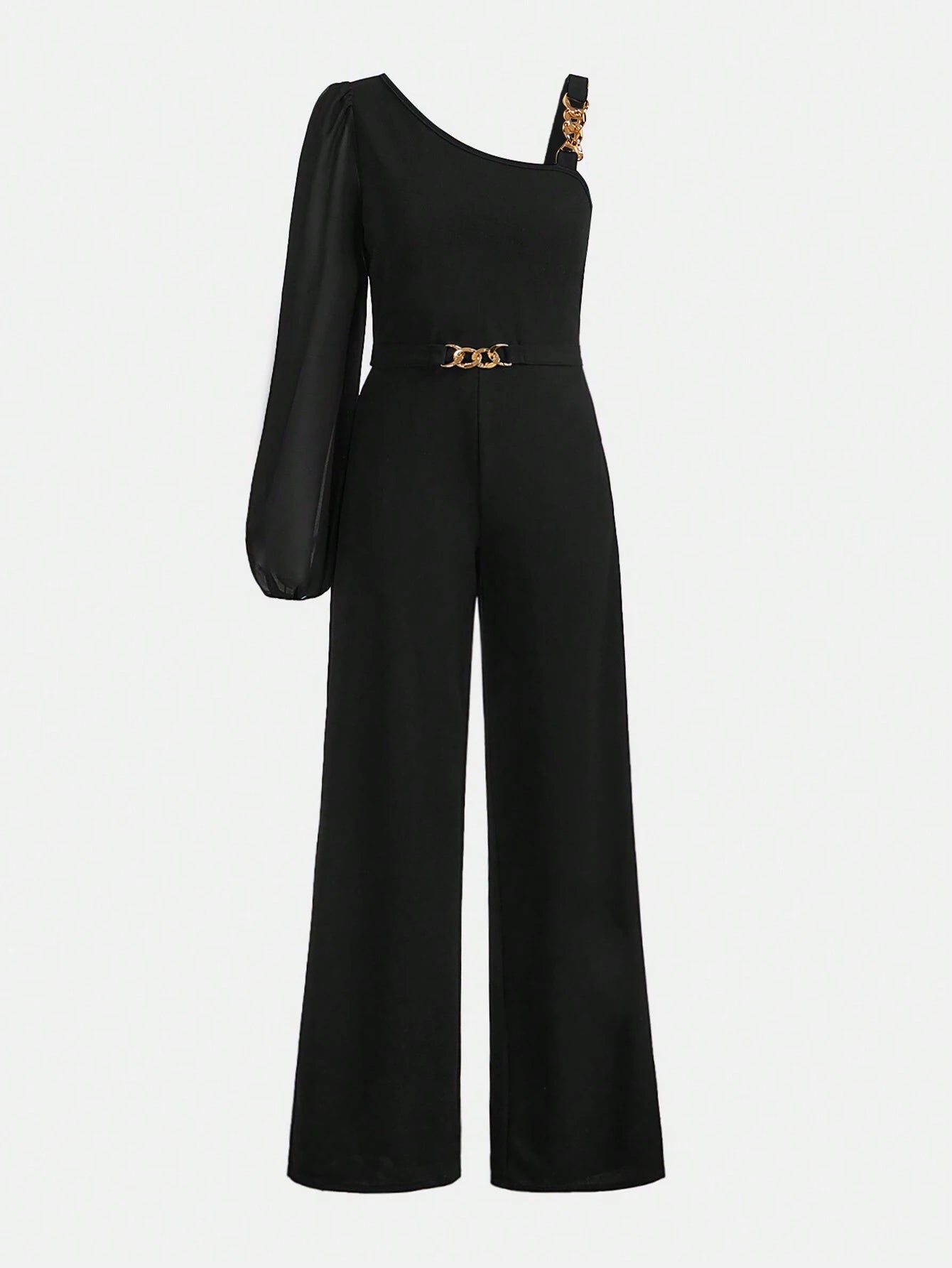 Teen Girl Metal Chain Decor Asymmetrical Shoulder Solid Color Jumpsuit Black