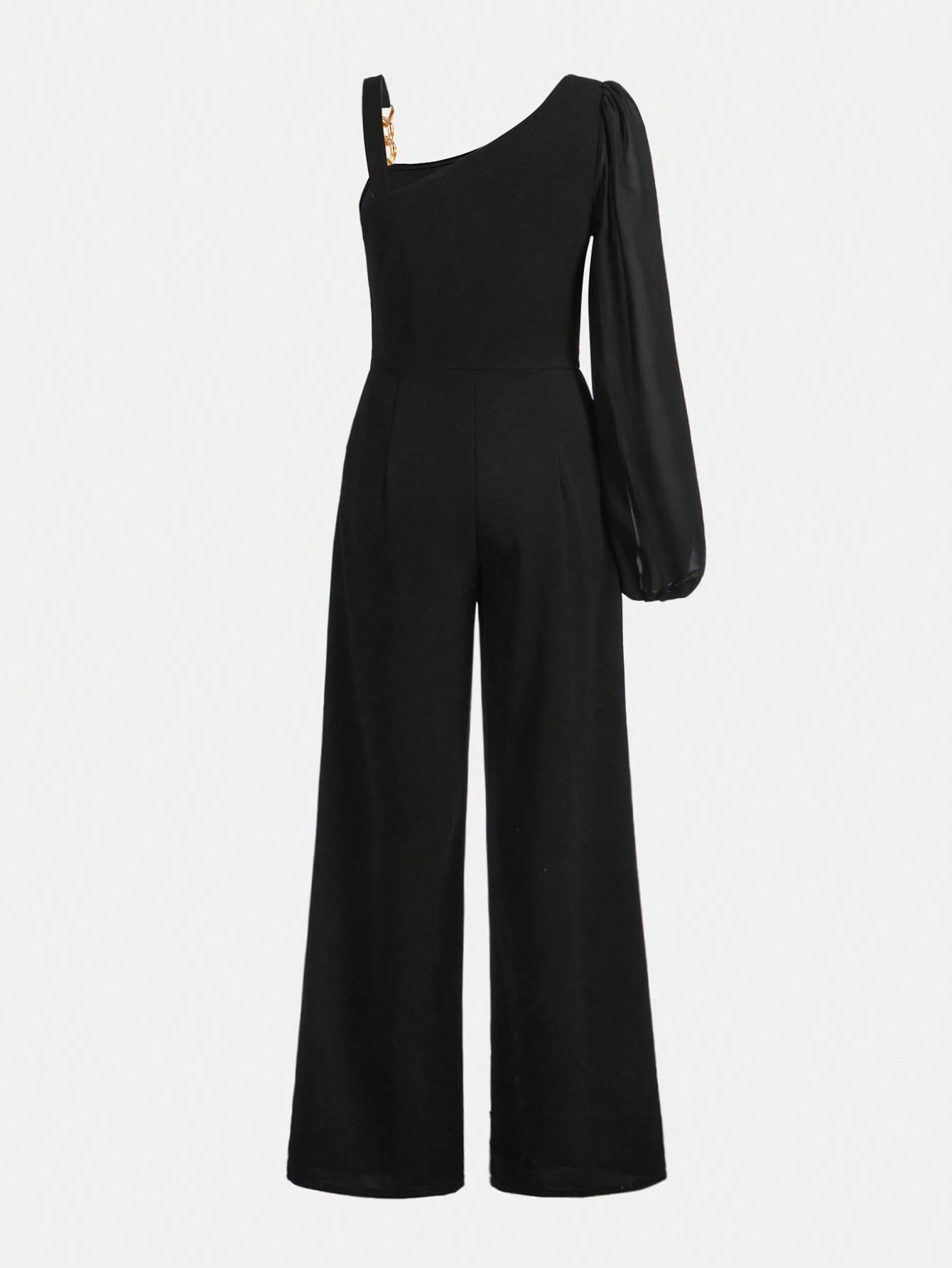 Teen Girl Metal Chain Decor Asymmetrical Shoulder Solid Color Jumpsuit