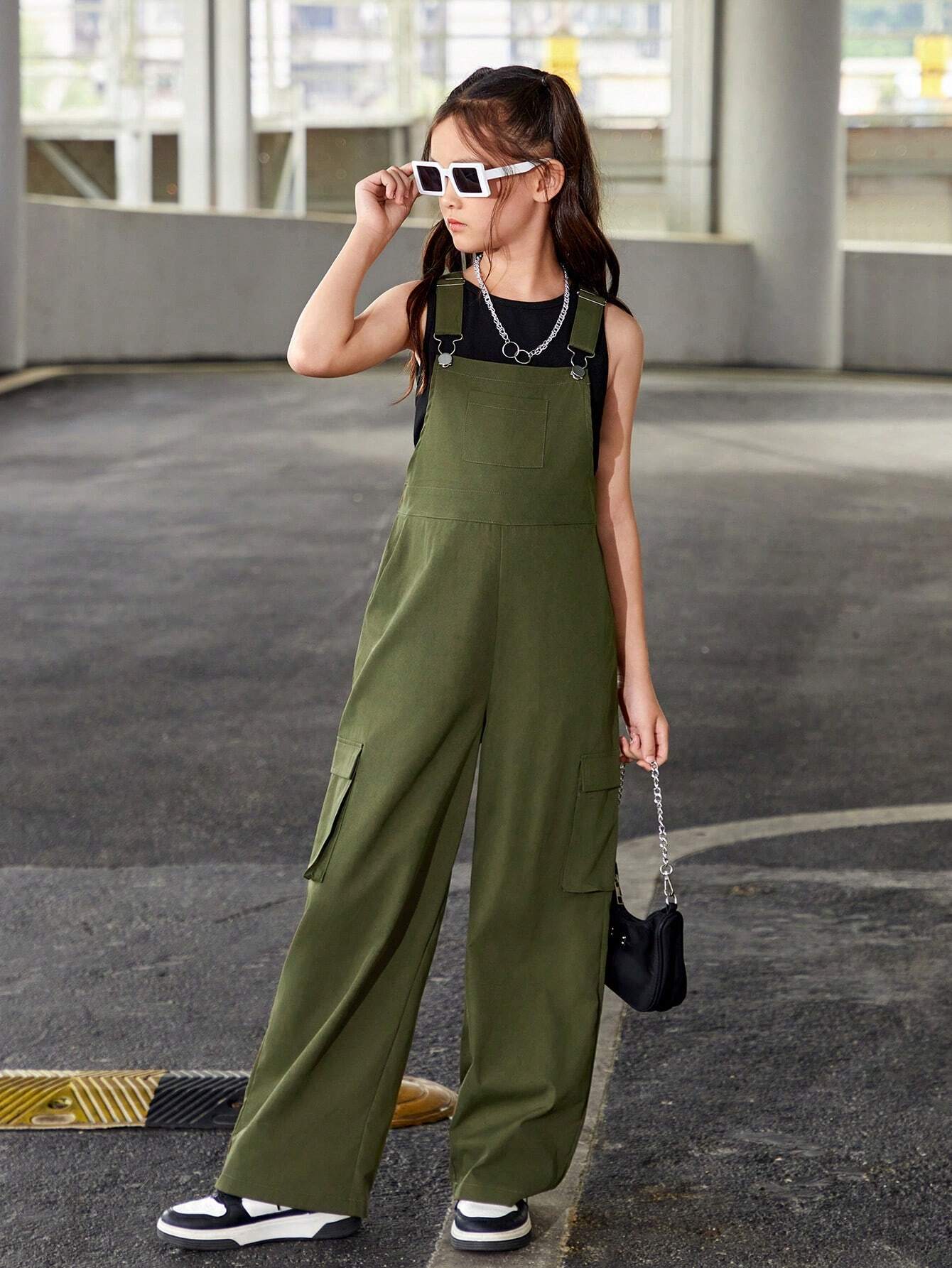 Tween Girls' Casual Sports Streetwear Vest Top And Overalls Set