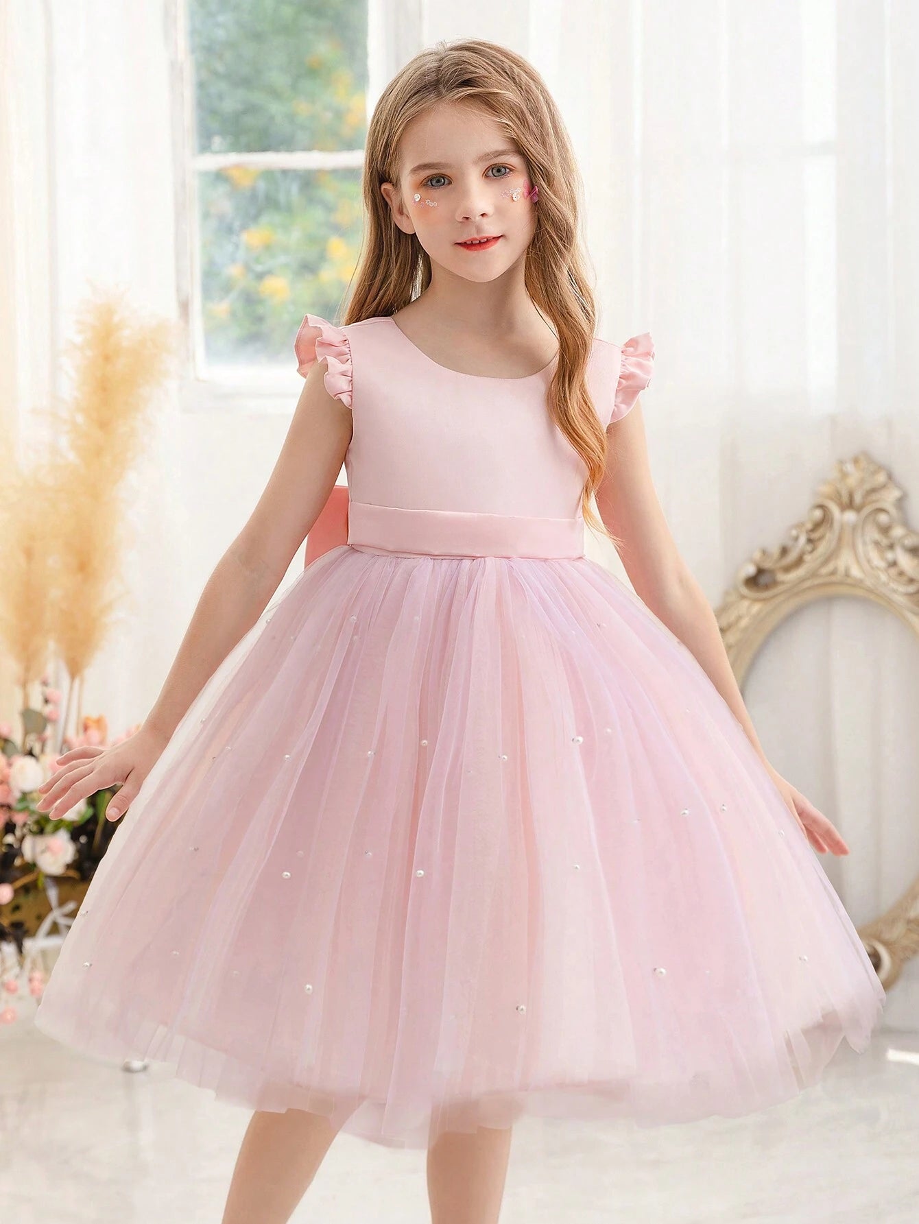 Girls' Flying Sleeve Mesh Tulle Princess Dress