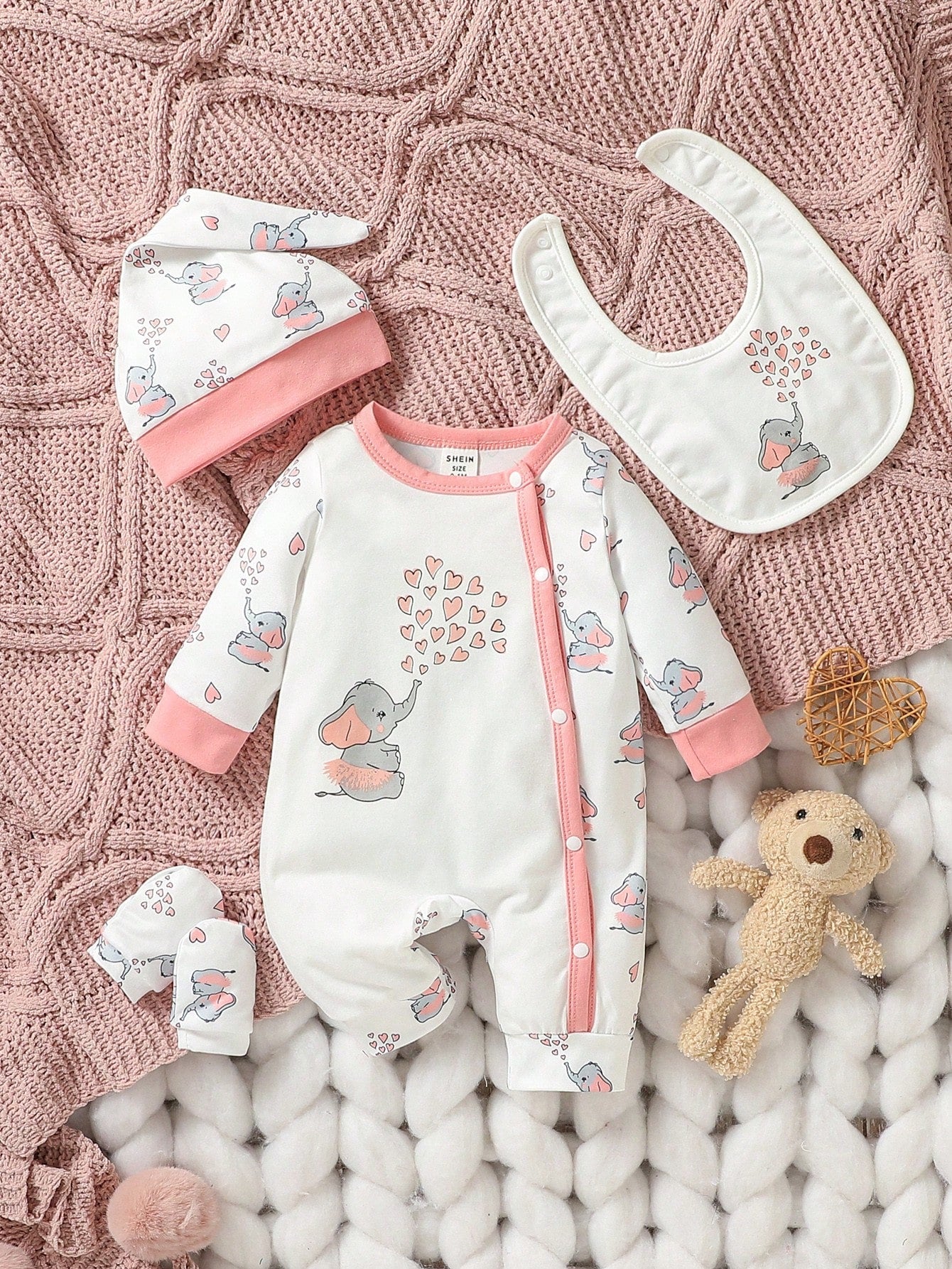 Baby Girl Newborn Cartoon & Letter Graphic Jumpsuit & Hat & Bib & Gloves Multicolor