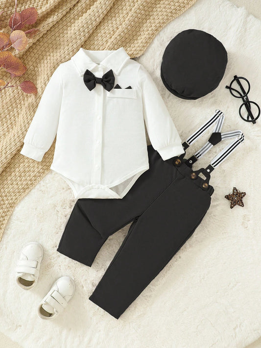 Gentleman Turn-down Collar Bowtie Shirt Suspender Pants With Beret Black