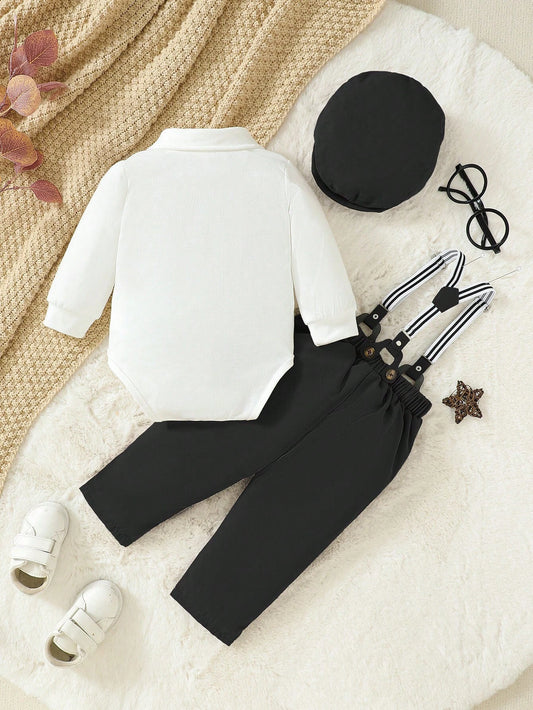 Gentleman Turn-down Collar Bowtie Shirt Suspender Pants With Beret