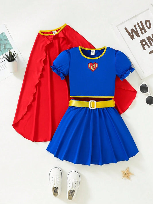 Young Girl Frill Trim Cartoon Top And Pleated Skirt Set With Cape, Costume Set, 3pcs Multicolor