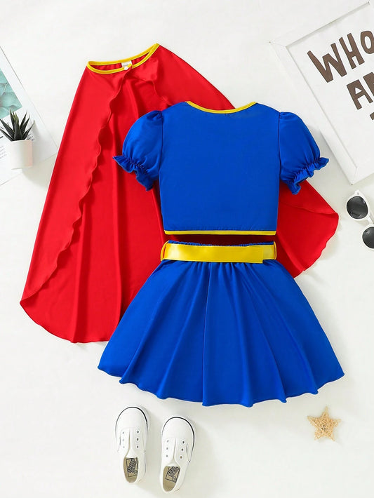 Young Girl Frill Trim Cartoon Top And Pleated Skirt Set With Cape, Costume Set, 3pcs