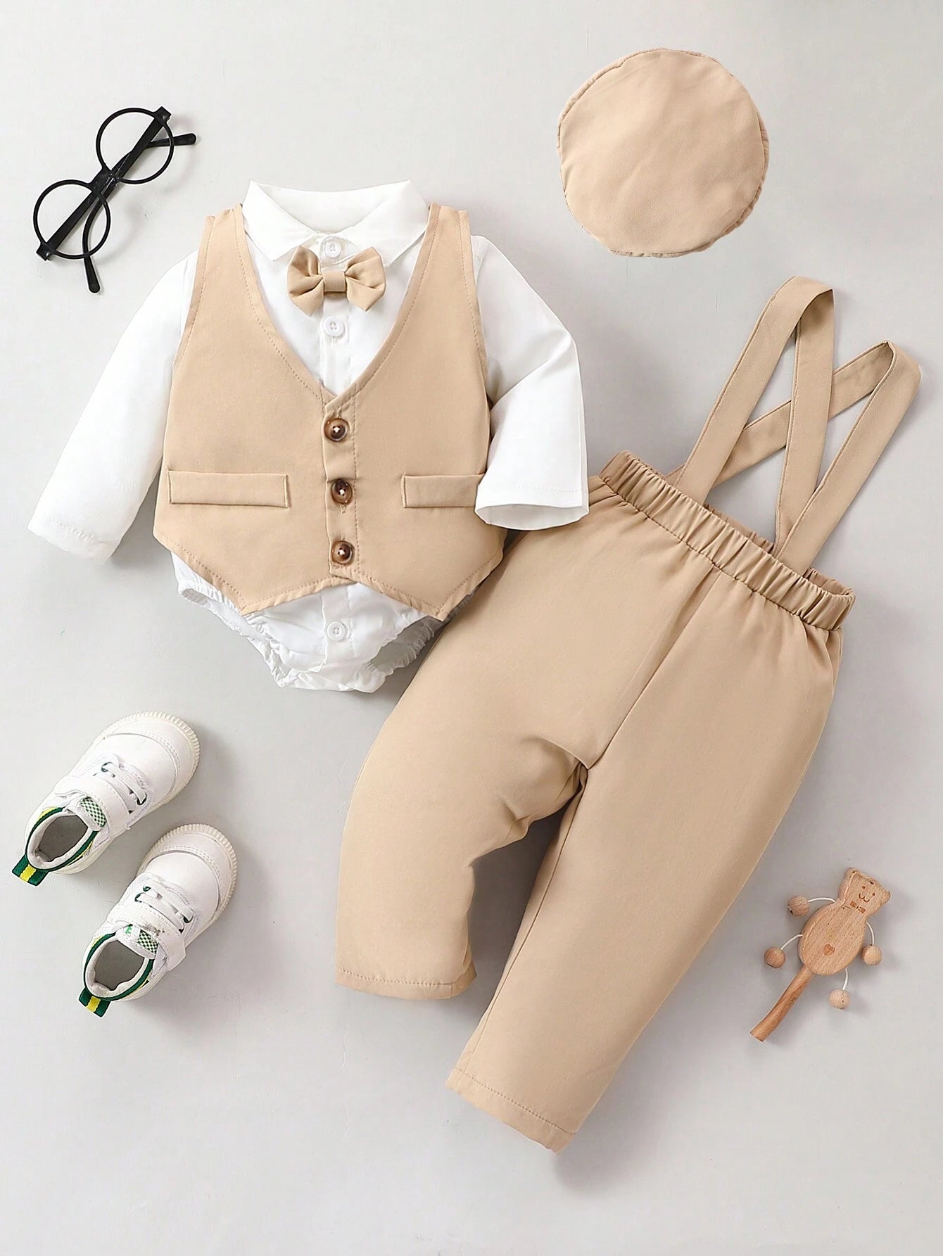 Multiple Pieces Baby Boy's Gentleman Style Buttoned Shirt With Bowtie, Suspender & Long Pants Multicolor