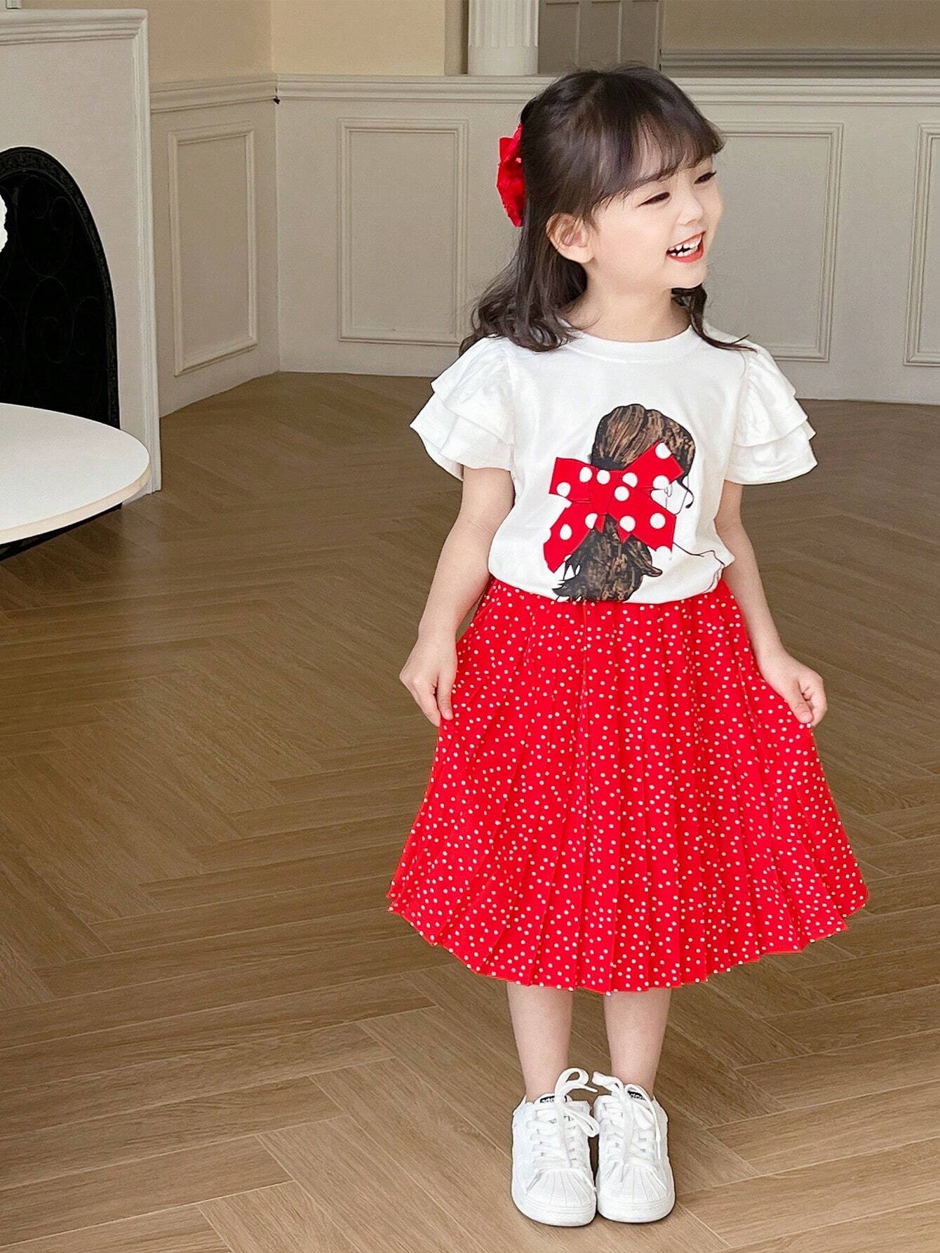 Young Girl Cute Back Print Lotus Leaf Short Sleeve T-Shirt + Polka Dot Skirt