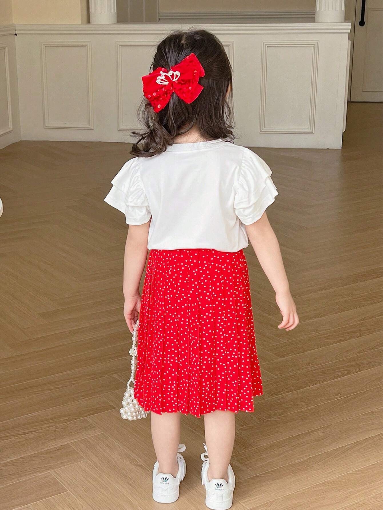 Young Girl Cute Back Print Lotus Leaf Short Sleeve T-Shirt + Polka Dot Skirt