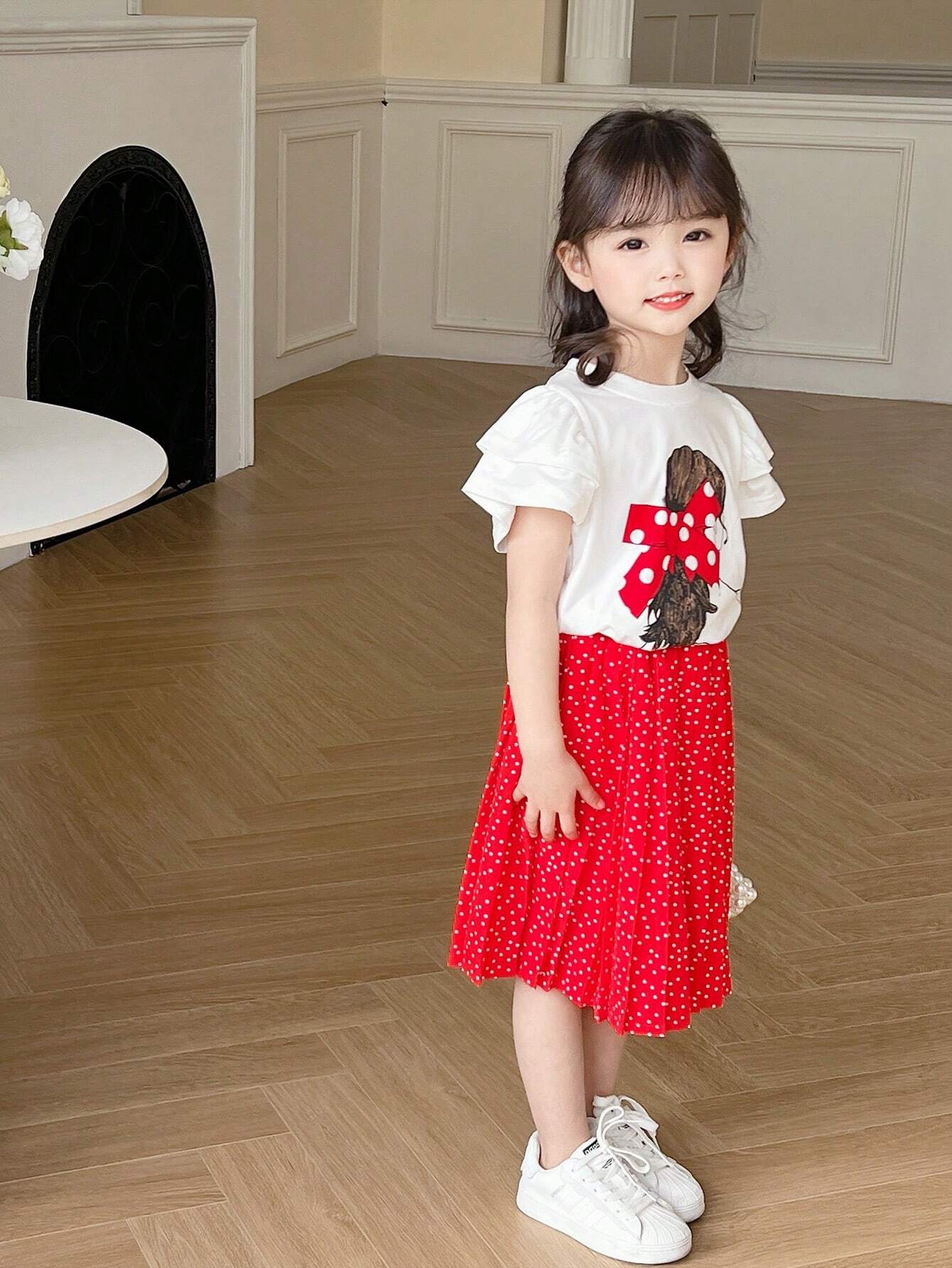 Young Girl Cute Back Print Lotus Leaf Short Sleeve T-Shirt + Polka Dot Skirt