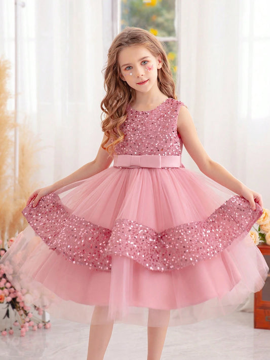 Young Girl Bowknot Sequin Valentine Party Tulle Princess Dress Pink 6Y