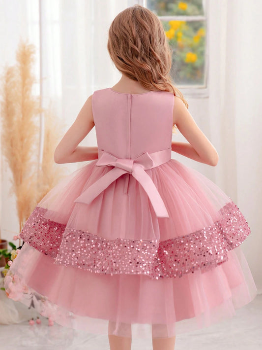 Young Girl Bowknot Sequin Valentine Party Tulle Princess Dress