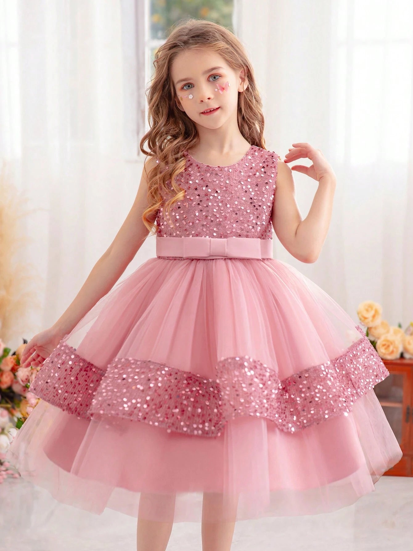 Young Girl Bowknot Sequin Valentine Party Tulle Princess Dress