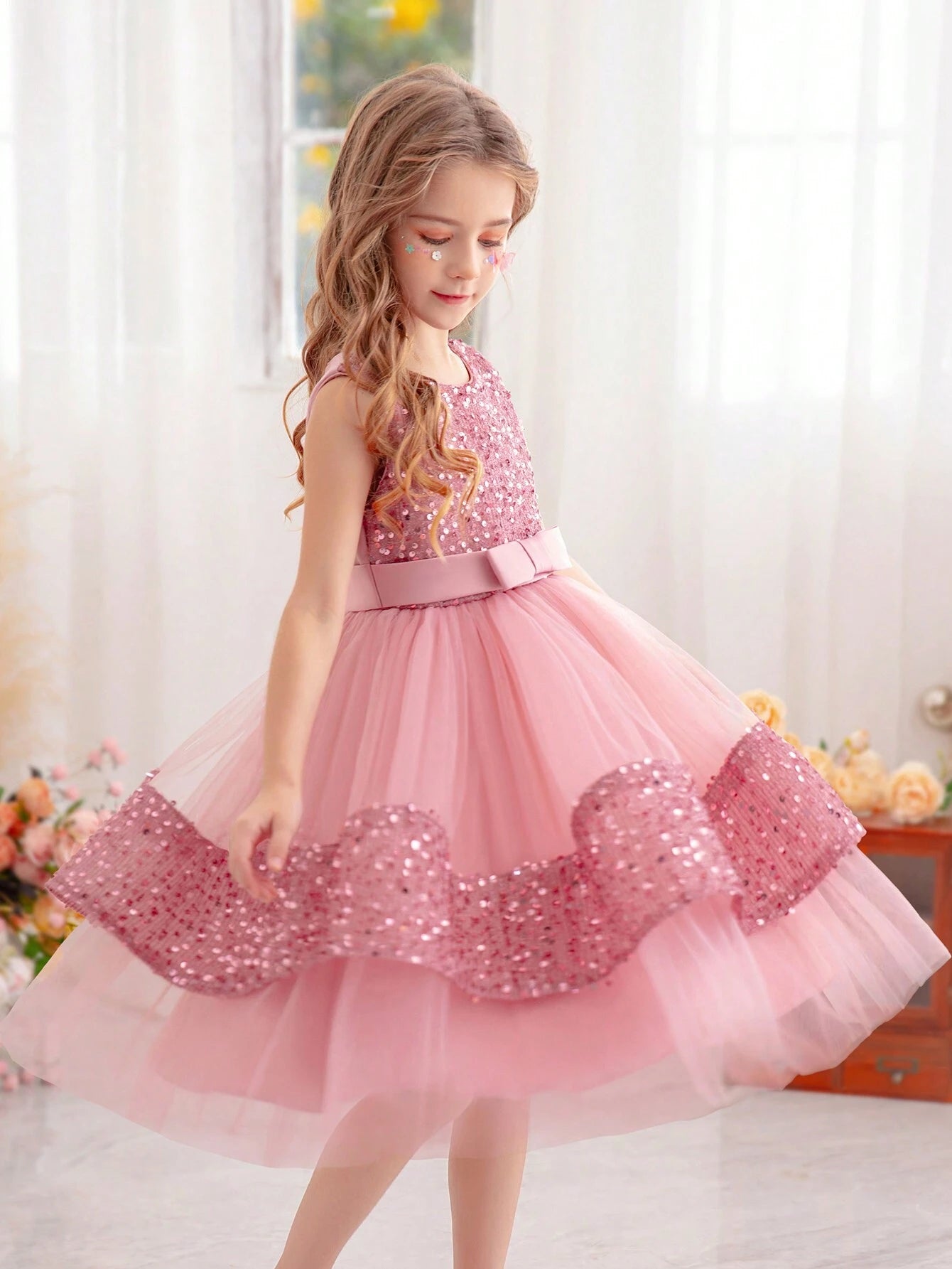 Young Girl Bowknot Sequin Valentine Party Tulle Princess Dress