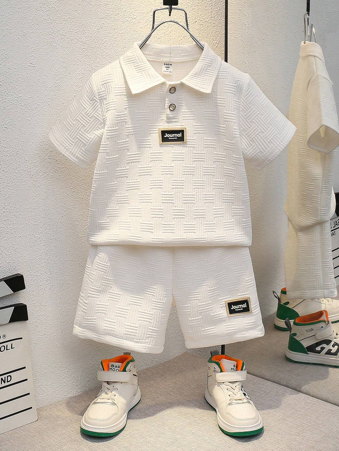 2pcs/Set Boy Casual Short Sleeve Polo Shirt With Letter Print And Shorts White