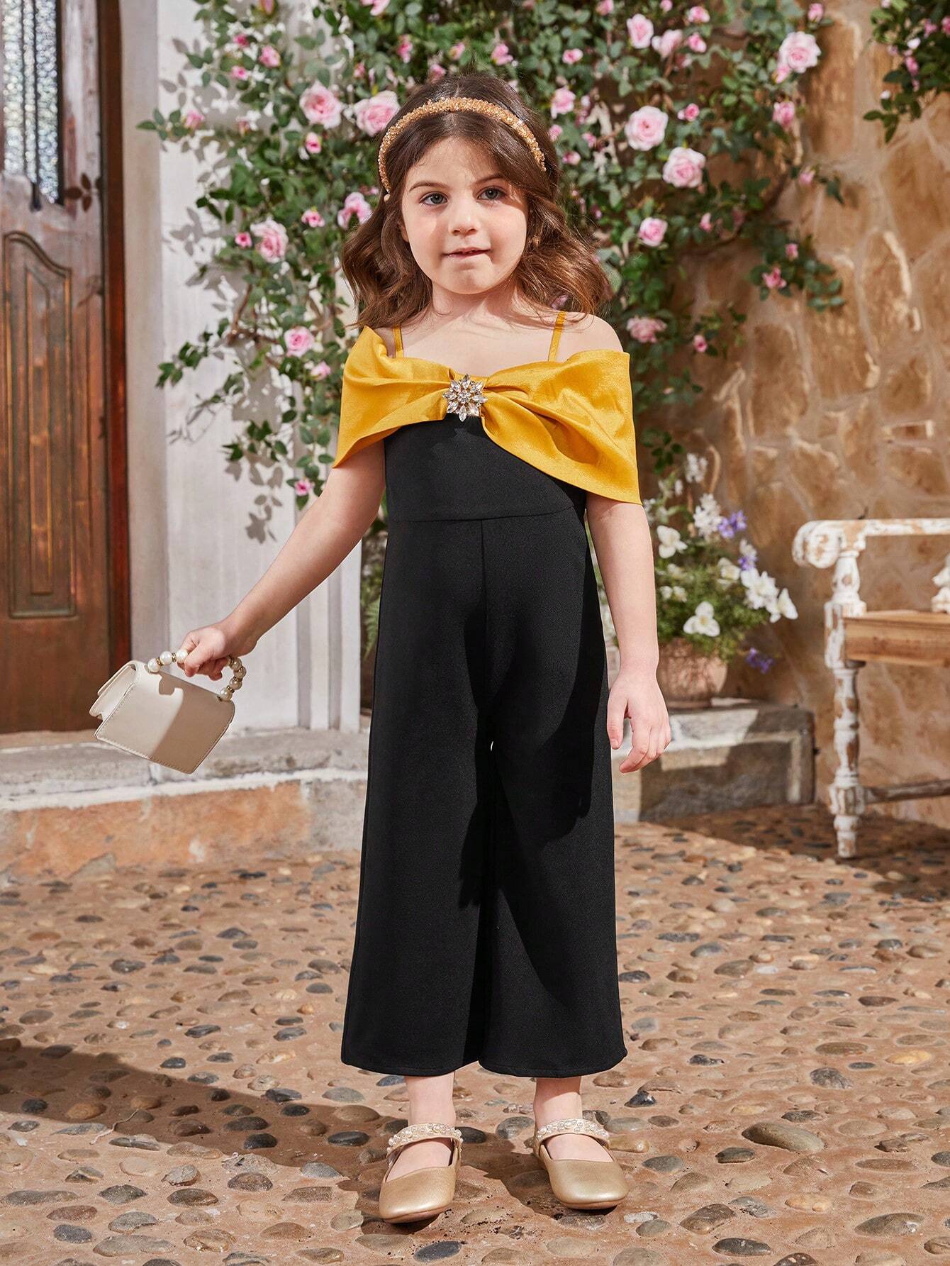 Young Girl's Colorblocking Sleeveless Jumpsuit With Hollow Out Detailing And Rhinestone Multicolor
