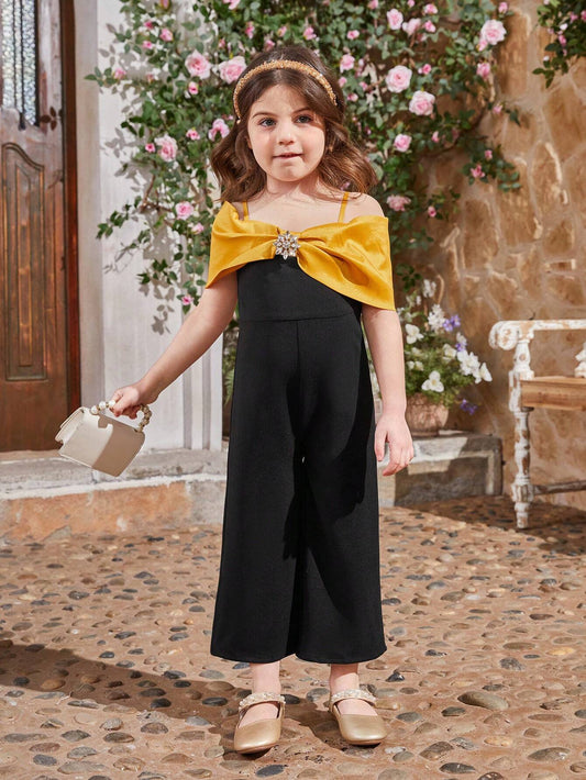 Young Girl's Colorblocking Sleeveless Jumpsuit With Hollow Out Detailing And Rhinestone Multicolor