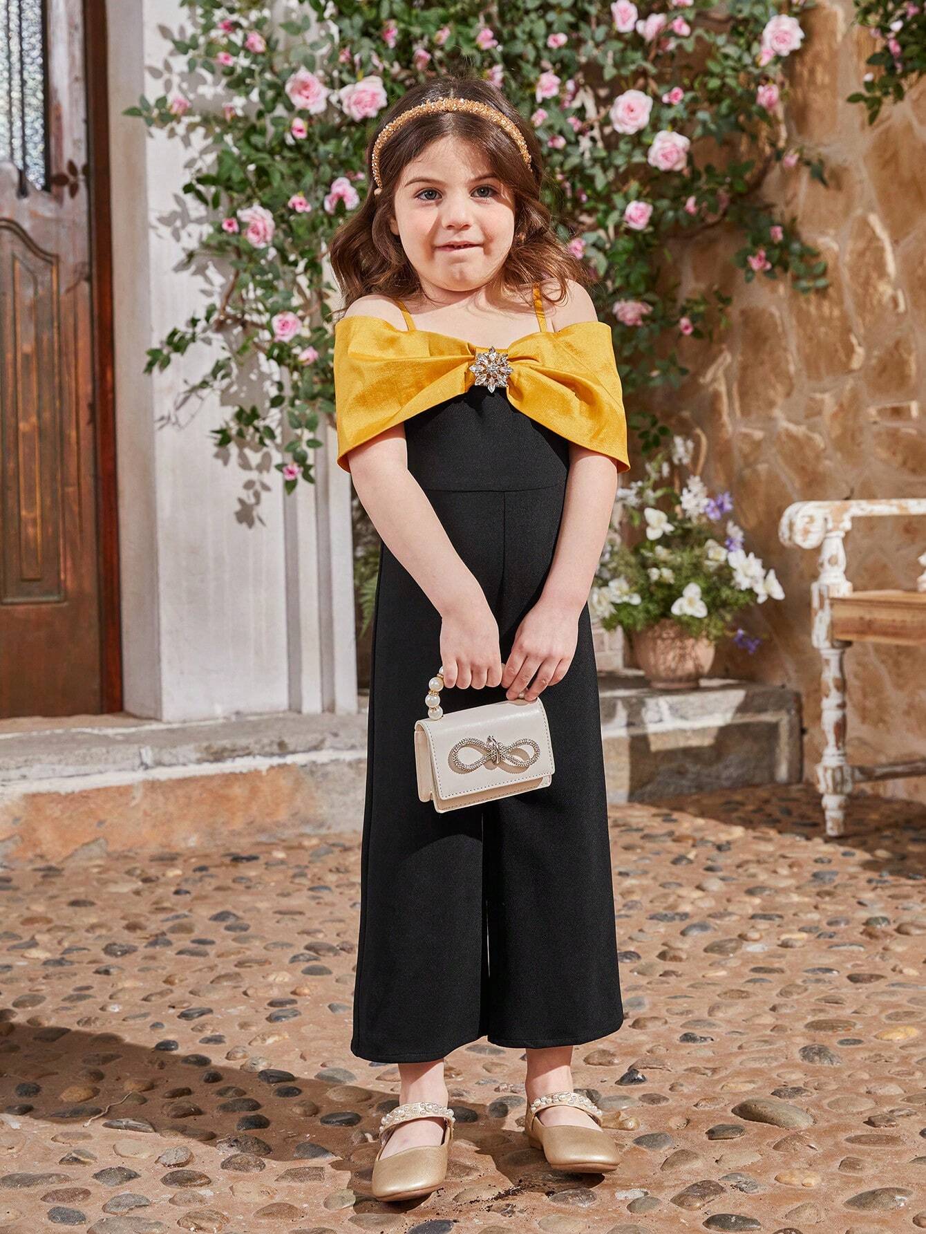 Young Girl's Colorblocking Sleeveless Jumpsuit With Hollow Out Detailing And Rhinestone